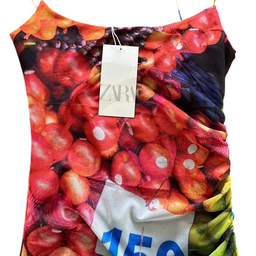 ZARA WATERCOLOR VIBRANT FLORAL FRUIT PRINT MESH MIDI SHEATH SLIP DRESS Size S - Picture 2 of 14